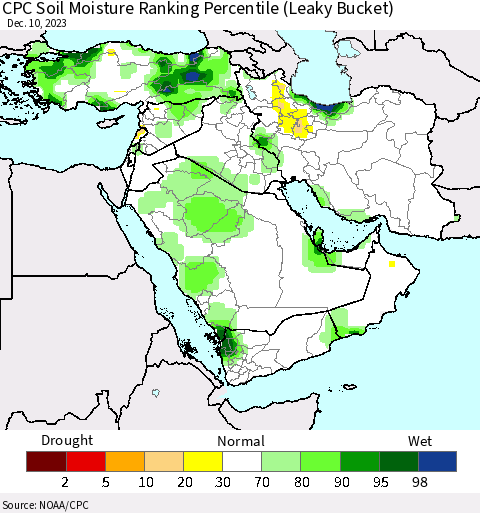 Middle East and Turkey CPC Soil Moisture Ranking Percentile (Leaky Bucket) Thematic Map For 12/6/2023 - 12/10/2023
