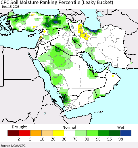 Middle East and Turkey CPC Soil Moisture Ranking Percentile (Leaky Bucket) Thematic Map For 12/11/2023 - 12/15/2023