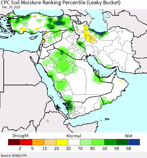 Middle East and Turkey CPC Soil Moisture Ranking Percentile (Leaky Bucket) Thematic Map For 12/16/2023 - 12/20/2023