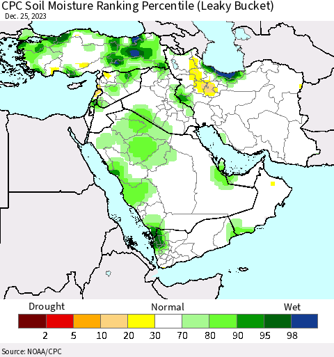 Middle East and Turkey CPC Soil Moisture Ranking Percentile (Leaky Bucket) Thematic Map For 12/21/2023 - 12/25/2023