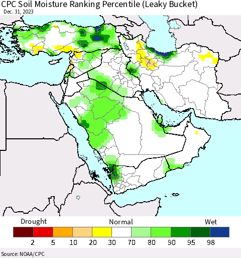 Middle East and Turkey CPC Soil Moisture Ranking Percentile (Leaky Bucket) Thematic Map For 12/26/2023 - 12/31/2023