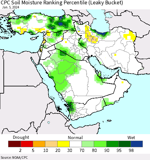 Middle East and Turkey CPC Soil Moisture Ranking Percentile (Leaky Bucket) Thematic Map For 1/1/2024 - 1/5/2024