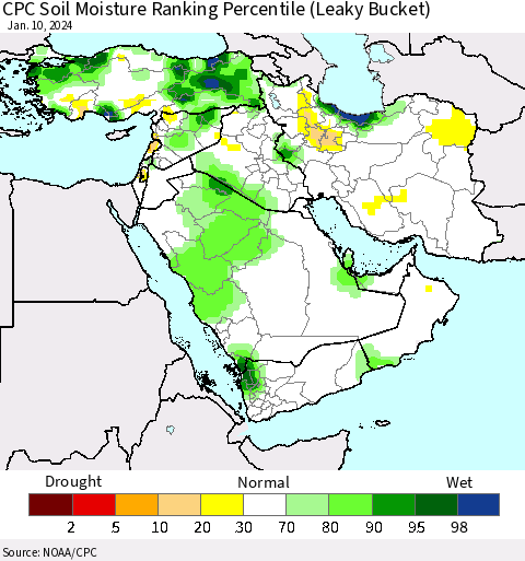 Middle East and Turkey CPC Soil Moisture Ranking Percentile (Leaky Bucket) Thematic Map For 1/6/2024 - 1/10/2024