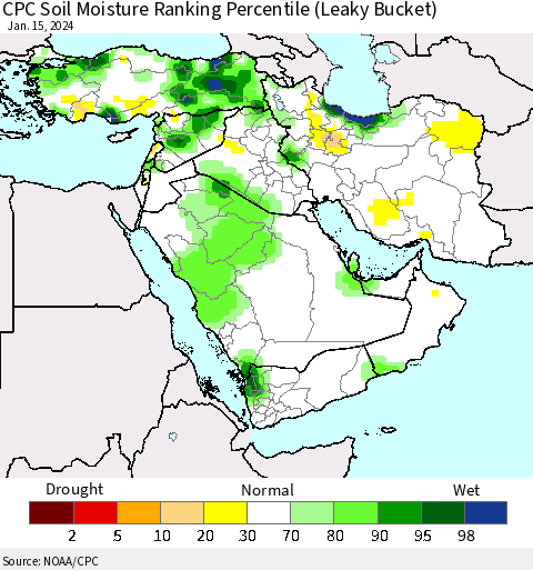 Middle East and Turkey CPC Soil Moisture Ranking Percentile (Leaky Bucket) Thematic Map For 1/11/2024 - 1/15/2024