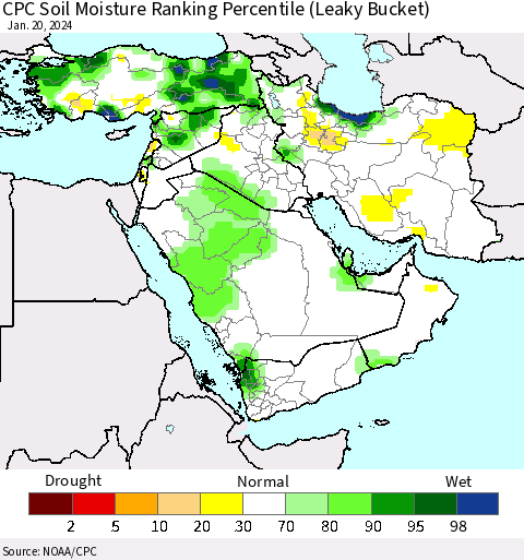 Middle East and Turkey CPC Soil Moisture Ranking Percentile (Leaky Bucket) Thematic Map For 1/16/2024 - 1/20/2024