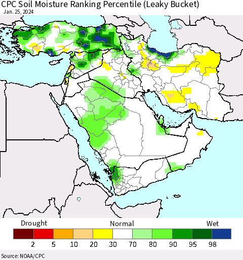 Middle East and Turkey CPC Soil Moisture Ranking Percentile (Leaky Bucket) Thematic Map For 1/21/2024 - 1/25/2024