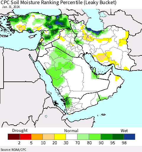 Middle East and Turkey CPC Soil Moisture Ranking Percentile (Leaky Bucket) Thematic Map For 1/26/2024 - 1/31/2024