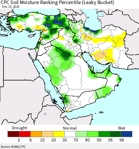 Middle East and Turkey CPC Soil Moisture Ranking Percentile (Leaky Bucket) Thematic Map For 2/11/2024 - 2/15/2024