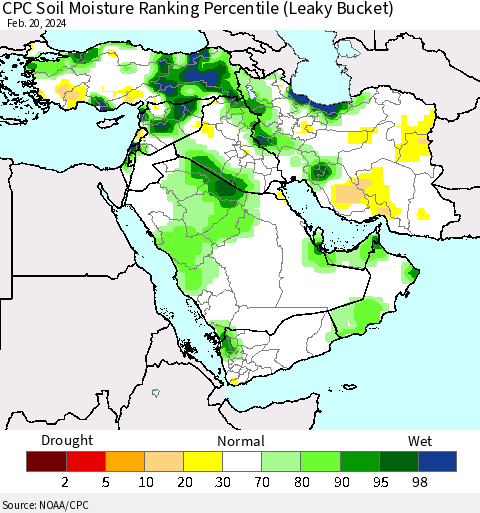 Middle East and Turkey CPC Soil Moisture Ranking Percentile (Leaky Bucket) Thematic Map For 2/16/2024 - 2/20/2024