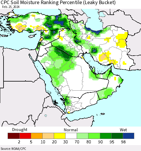 Middle East and Turkey CPC Soil Moisture Ranking Percentile (Leaky Bucket) Thematic Map For 2/21/2024 - 2/25/2024