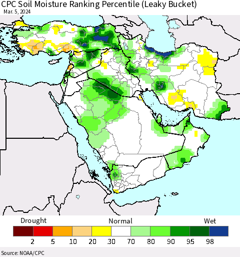 Middle East and Turkey CPC Soil Moisture Ranking Percentile (Leaky Bucket) Thematic Map For 3/1/2024 - 3/5/2024