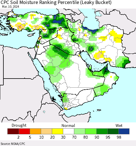 Middle East and Turkey CPC Soil Moisture Ranking Percentile (Leaky Bucket) Thematic Map For 3/6/2024 - 3/10/2024