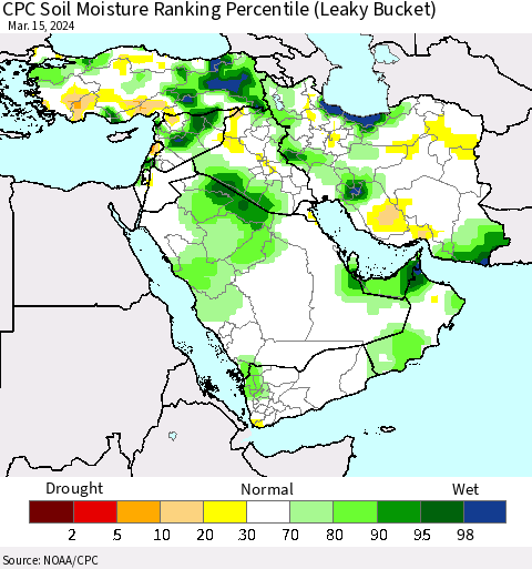 Middle East and Turkey CPC Soil Moisture Ranking Percentile (Leaky Bucket) Thematic Map For 3/11/2024 - 3/15/2024