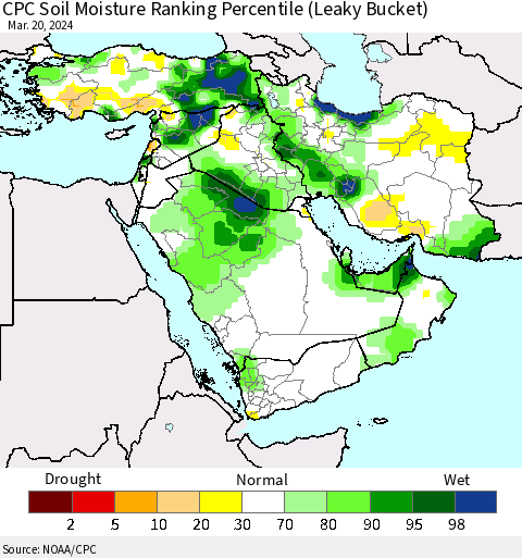 Middle East and Turkey CPC Soil Moisture Ranking Percentile (Leaky Bucket) Thematic Map For 3/16/2024 - 3/20/2024