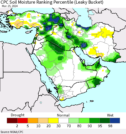 Middle East and Turkey CPC Soil Moisture Ranking Percentile (Leaky Bucket) Thematic Map For 3/21/2024 - 3/25/2024
