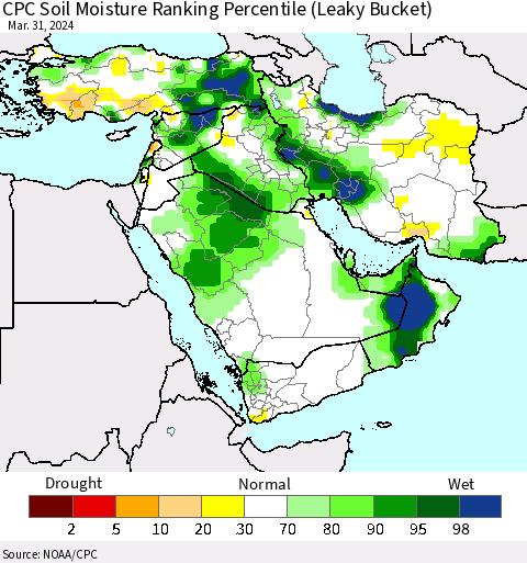 Middle East and Turkey CPC Soil Moisture Ranking Percentile (Leaky Bucket) Thematic Map For 3/26/2024 - 3/31/2024