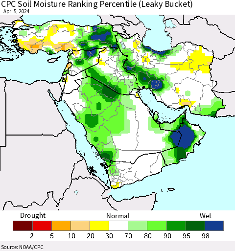 Middle East and Turkey CPC Soil Moisture Ranking Percentile (Leaky Bucket) Thematic Map For 4/1/2024 - 4/5/2024