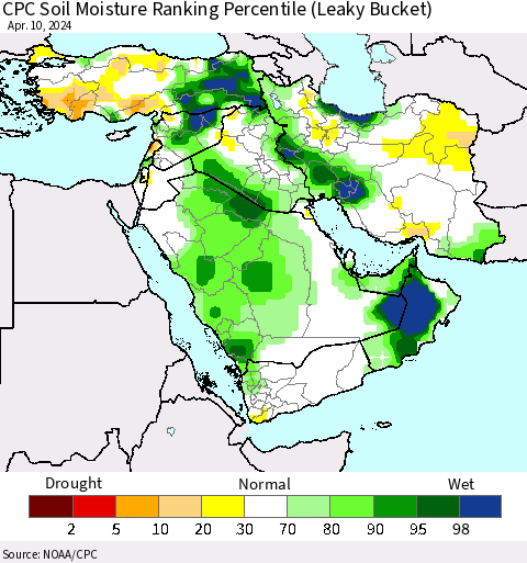 Middle East and Turkey CPC Soil Moisture Ranking Percentile (Leaky Bucket) Thematic Map For 4/6/2024 - 4/10/2024