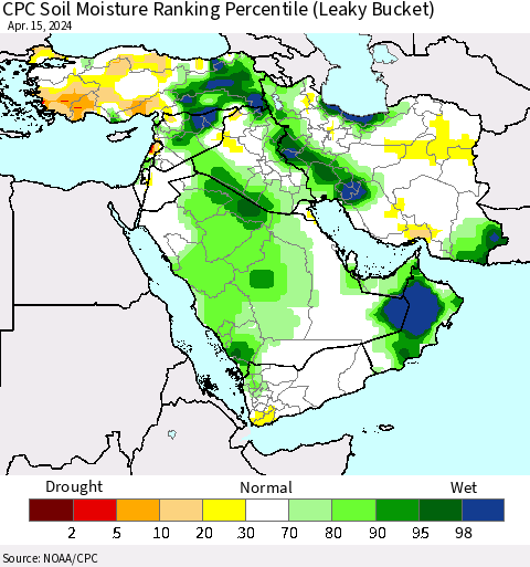 Middle East and Turkey CPC Soil Moisture Ranking Percentile (Leaky Bucket) Thematic Map For 4/11/2024 - 4/15/2024