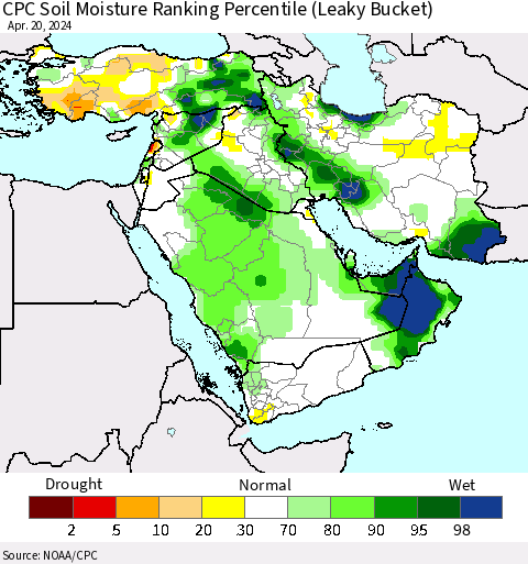 Middle East and Turkey CPC Soil Moisture Ranking Percentile (Leaky Bucket) Thematic Map For 4/16/2024 - 4/20/2024
