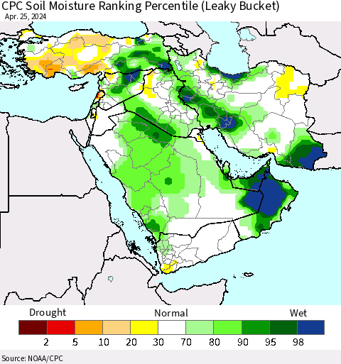 Middle East and Turkey CPC Soil Moisture Ranking Percentile (Leaky Bucket) Thematic Map For 4/21/2024 - 4/25/2024