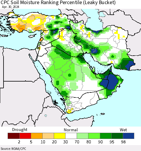 Middle East and Turkey CPC Soil Moisture Ranking Percentile (Leaky Bucket) Thematic Map For 4/26/2024 - 4/30/2024
