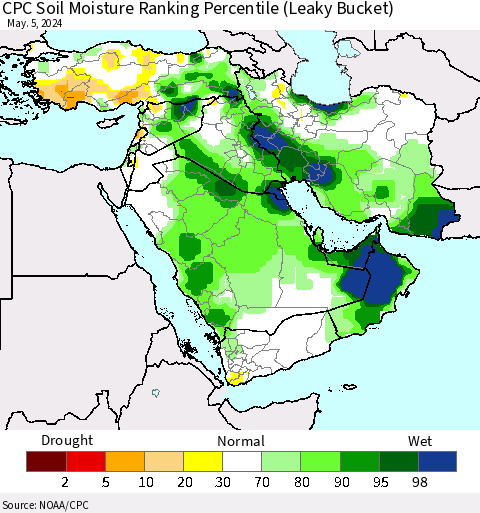 Middle East and Turkey CPC Soil Moisture Ranking Percentile (Leaky Bucket) Thematic Map For 5/1/2024 - 5/5/2024