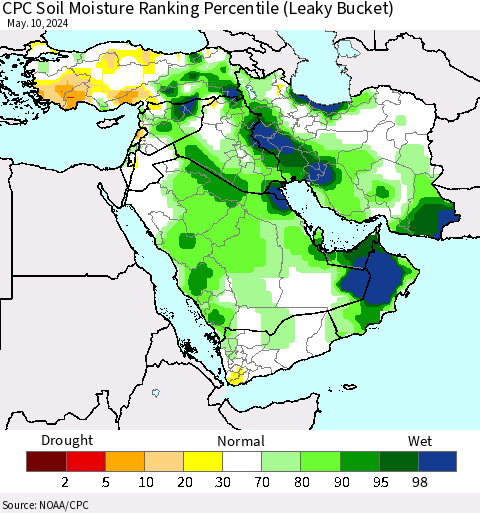 Middle East and Turkey CPC Soil Moisture Ranking Percentile (Leaky Bucket) Thematic Map For 5/6/2024 - 5/10/2024