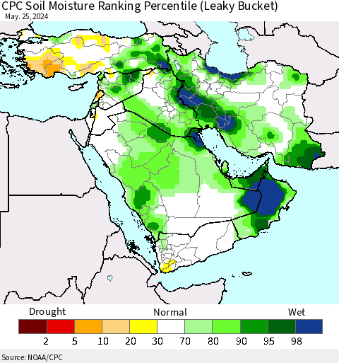 Middle East and Turkey CPC Soil Moisture Ranking Percentile (Leaky Bucket) Thematic Map For 5/21/2024 - 5/25/2024