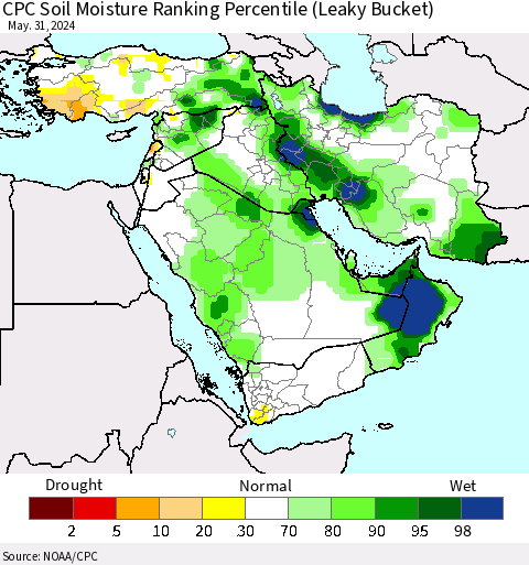 Middle East and Turkey CPC Soil Moisture Ranking Percentile (Leaky Bucket) Thematic Map For 5/26/2024 - 5/31/2024
