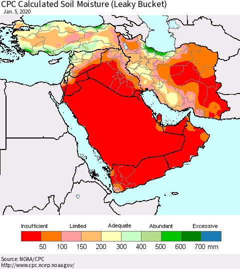 Middle East and Turkey CPC Soil Moisture (Leaky Bucket) Thematic Map For 1/1/2020 - 1/5/2020