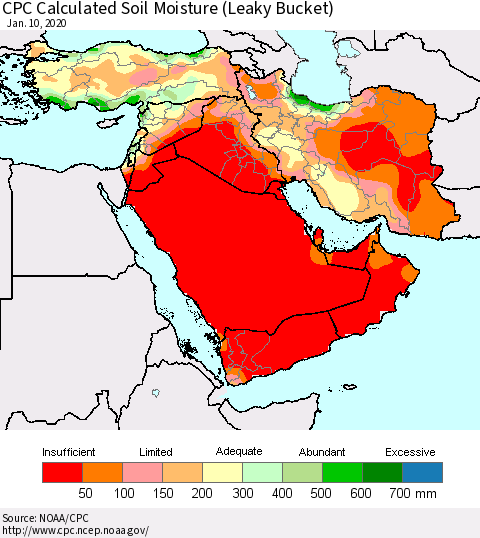 Middle East and Turkey CPC Soil Moisture (Leaky Bucket) Thematic Map For 1/6/2020 - 1/10/2020
