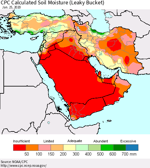 Middle East and Turkey CPC Soil Moisture (Leaky Bucket) Thematic Map For 1/21/2020 - 1/25/2020