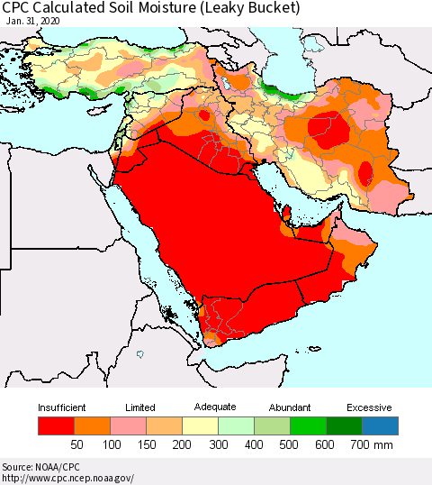 Middle East and Turkey CPC Soil Moisture (Leaky Bucket) Thematic Map For 1/26/2020 - 1/31/2020