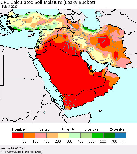 Middle East and Turkey CPC Soil Moisture (Leaky Bucket) Thematic Map For 2/1/2020 - 2/5/2020