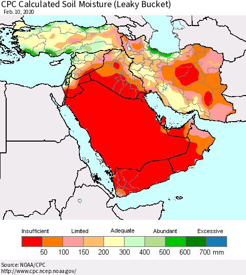 Middle East and Turkey CPC Soil Moisture (Leaky Bucket) Thematic Map For 2/6/2020 - 2/10/2020