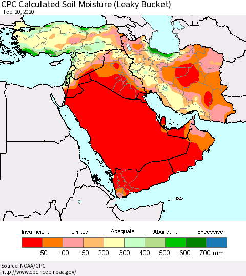 Middle East and Turkey CPC Soil Moisture (Leaky Bucket) Thematic Map For 2/16/2020 - 2/20/2020