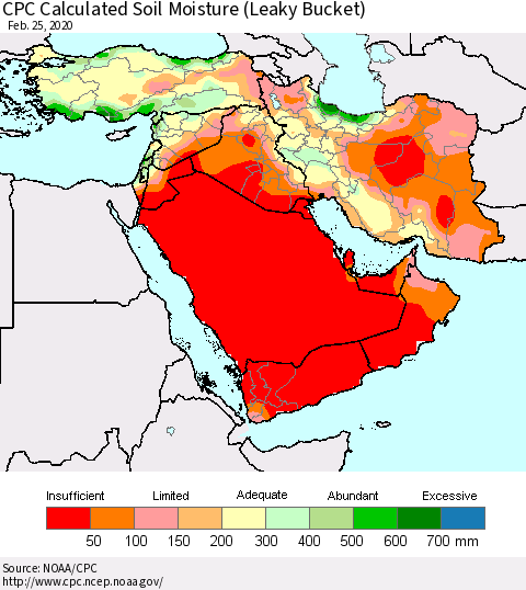 Middle East and Turkey CPC Soil Moisture (Leaky Bucket) Thematic Map For 2/21/2020 - 2/25/2020