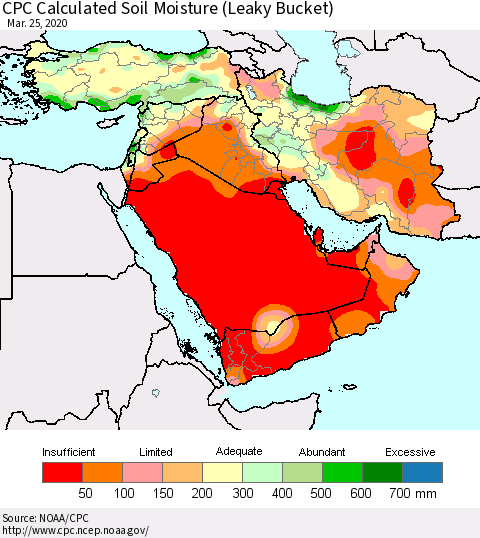 Middle East and Turkey CPC Soil Moisture (Leaky Bucket) Thematic Map For 3/21/2020 - 3/25/2020