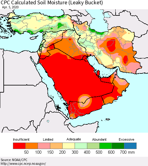 Middle East and Turkey CPC Soil Moisture (Leaky Bucket) Thematic Map For 4/1/2020 - 4/5/2020