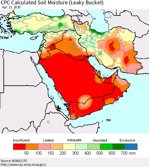 Middle East and Turkey CPC Soil Moisture (Leaky Bucket) Thematic Map For 4/11/2020 - 4/15/2020