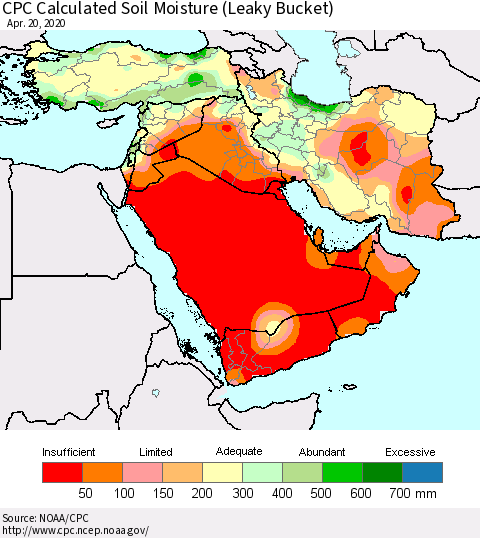 Middle East and Turkey CPC Soil Moisture (Leaky Bucket) Thematic Map For 4/16/2020 - 4/20/2020