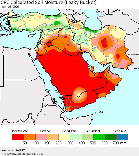 Middle East and Turkey CPC Soil Moisture (Leaky Bucket) Thematic Map For 4/21/2020 - 4/25/2020