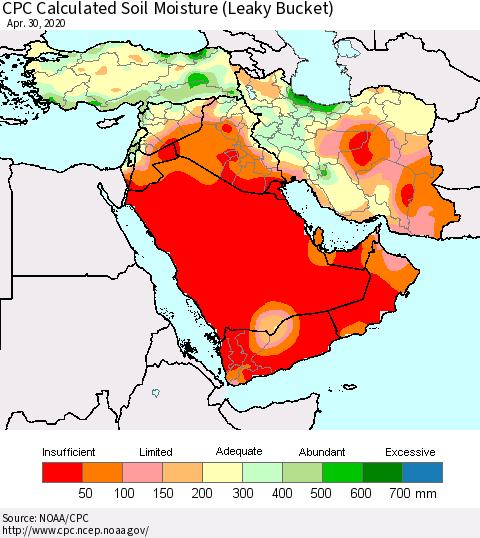 Middle East and Turkey CPC Soil Moisture (Leaky Bucket) Thematic Map For 4/26/2020 - 4/30/2020