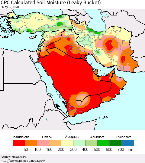 Middle East and Turkey CPC Soil Moisture (Leaky Bucket) Thematic Map For 5/1/2020 - 5/5/2020