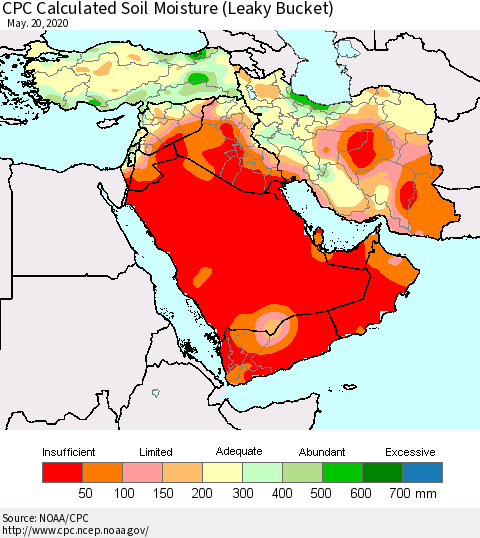 Middle East and Turkey CPC Soil Moisture (Leaky Bucket) Thematic Map For 5/16/2020 - 5/20/2020