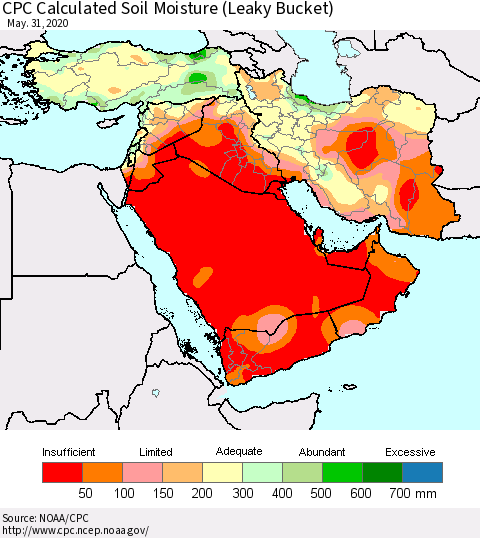 Middle East and Turkey CPC Soil Moisture (Leaky Bucket) Thematic Map For 5/26/2020 - 5/31/2020