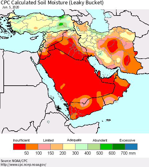 Middle East and Turkey CPC Soil Moisture (Leaky Bucket) Thematic Map For 6/1/2020 - 6/5/2020