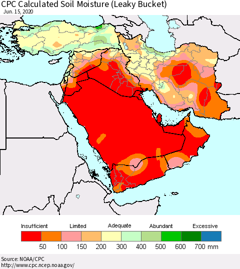 Middle East and Turkey CPC Soil Moisture (Leaky Bucket) Thematic Map For 6/11/2020 - 6/15/2020