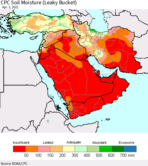 Middle East and Turkey CPC Soil Moisture (Leaky Bucket) Thematic Map For 4/1/2021 - 4/5/2021